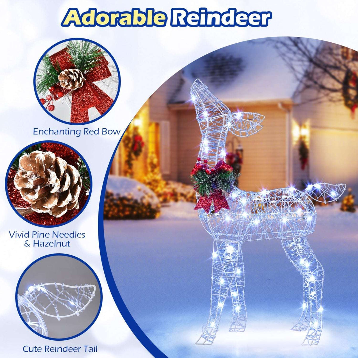 Lighted wire reindeer with red bow, pine accents, and visible tail detail