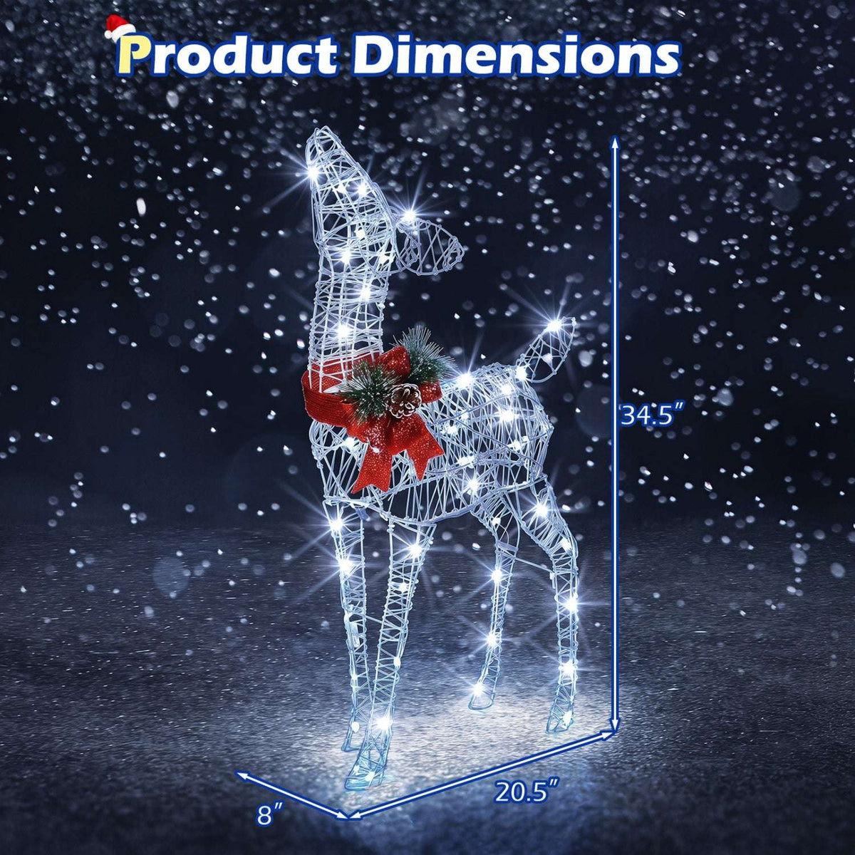 Lighted wire reindeer viewed from the front, with red bow and upright antlers