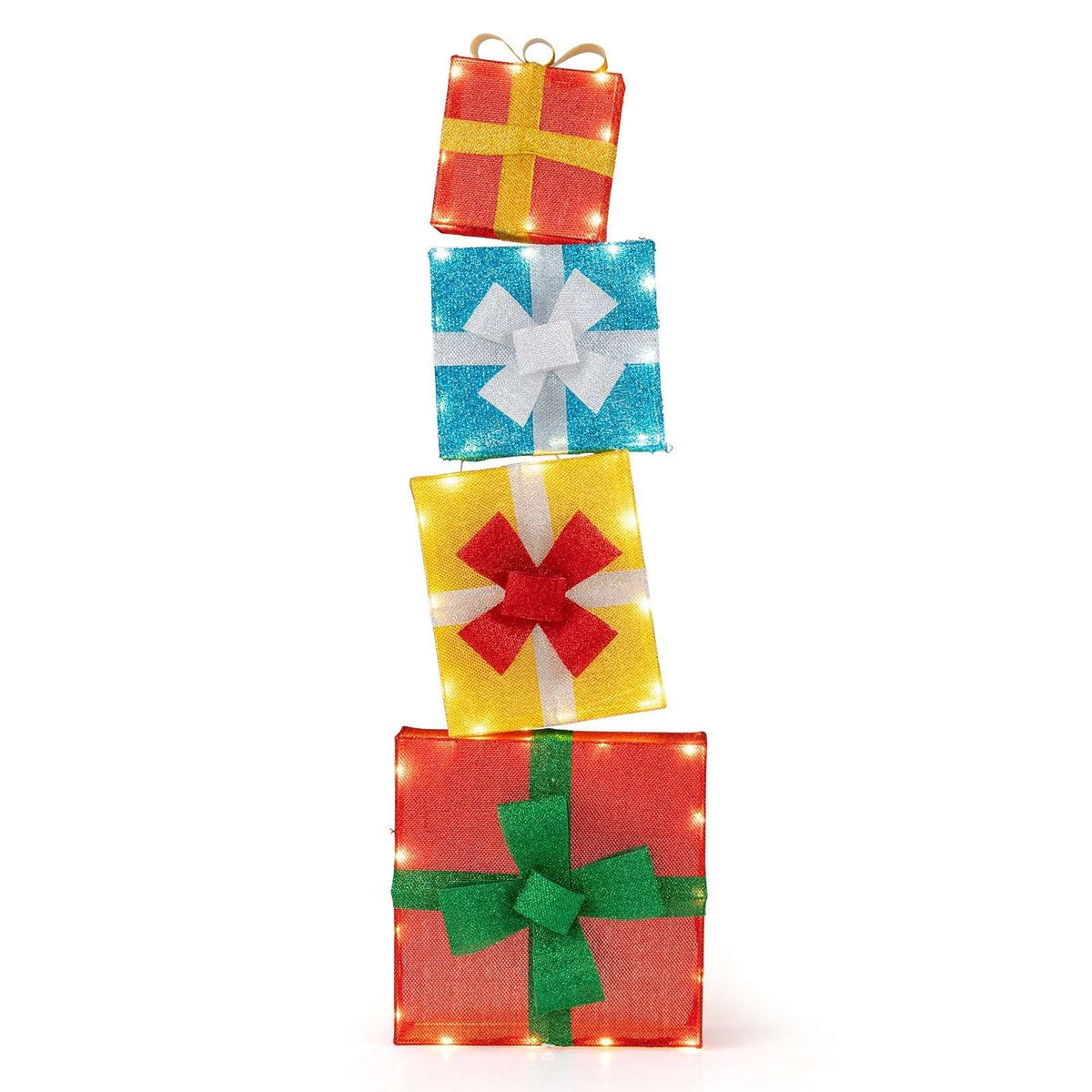 Front view of four stacked lighted gift boxes in red, blue, and yellow