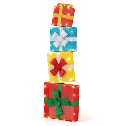 Four glittery LED Christmas gift boxes stacked vertically, decorated with contrasting bows