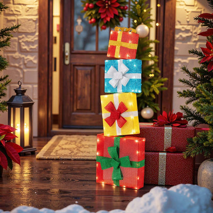 Stacked set of four lighted Christmas gift boxes with colorful bows