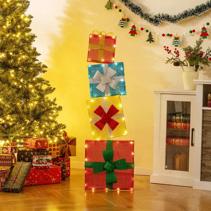 Stacked four-box Christmas decoration with colorful bows and built-in lights