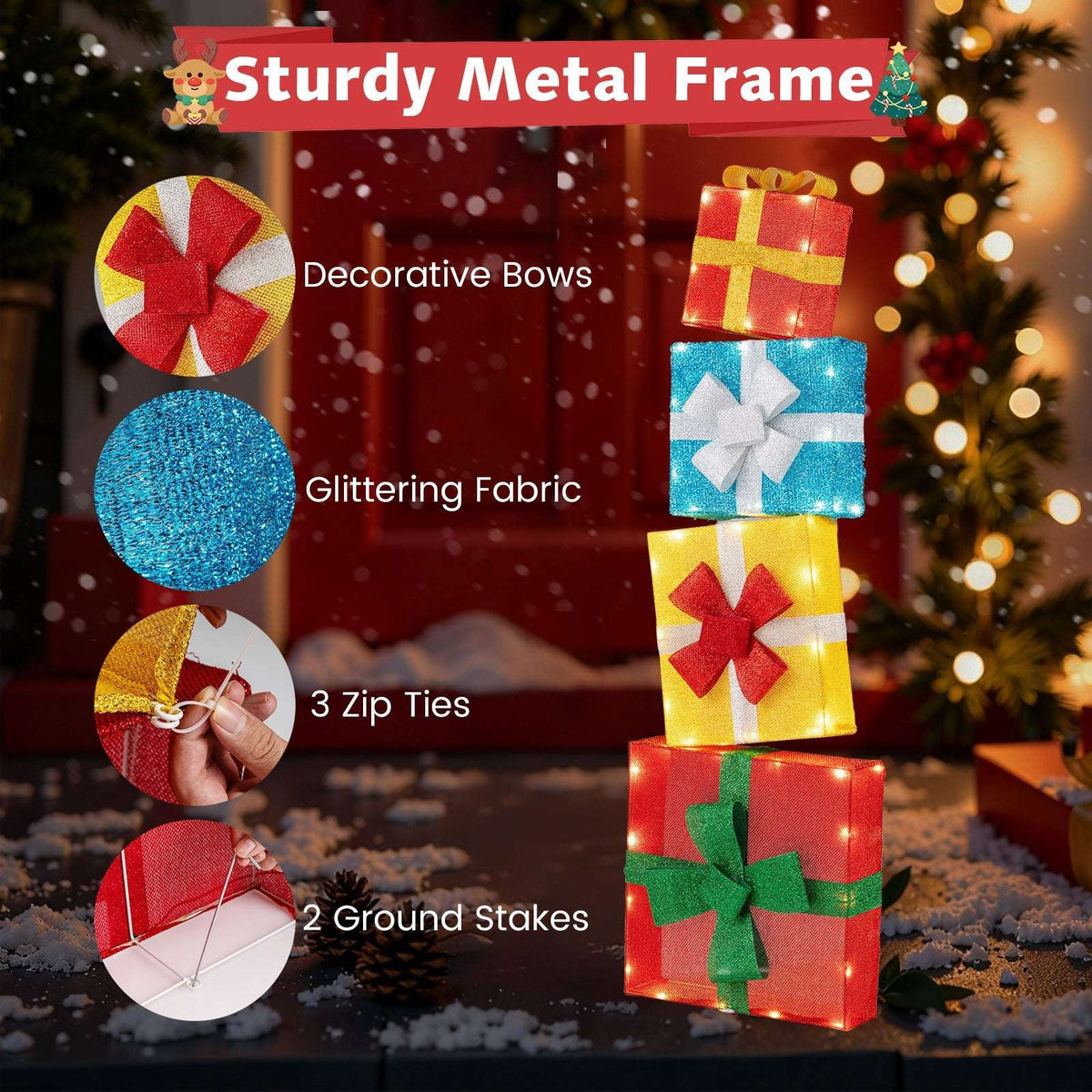 Lighted gift box set with glitter fabric, decorative bows, metal frame, ties, and stakes