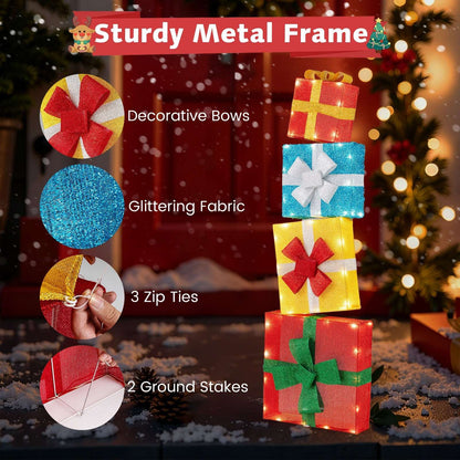Lighted gift box set with glitter fabric, decorative bows, metal frame, ties, and stakes