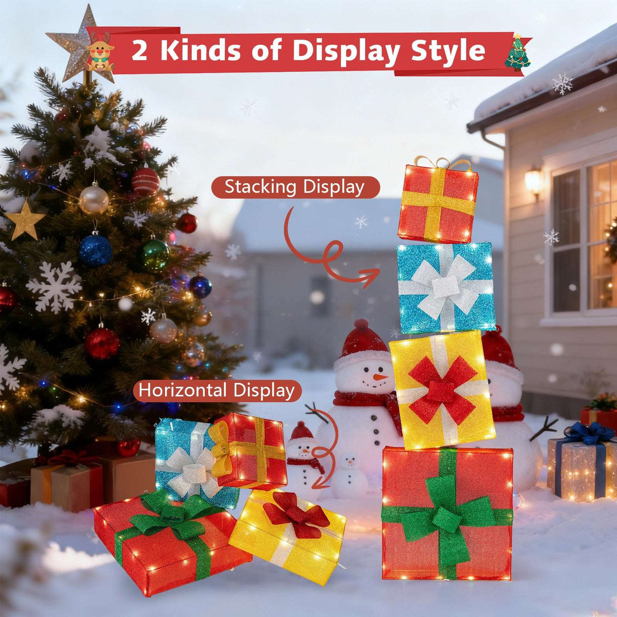 Four lighted Christmas gift boxes shown stacked and arranged horizontally