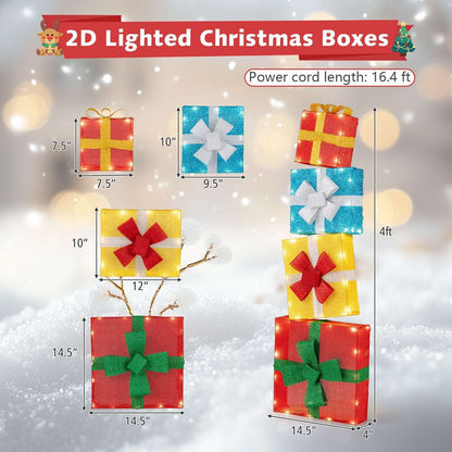 Four lighted Christmas gift boxes shown with individual and stacked dimensions