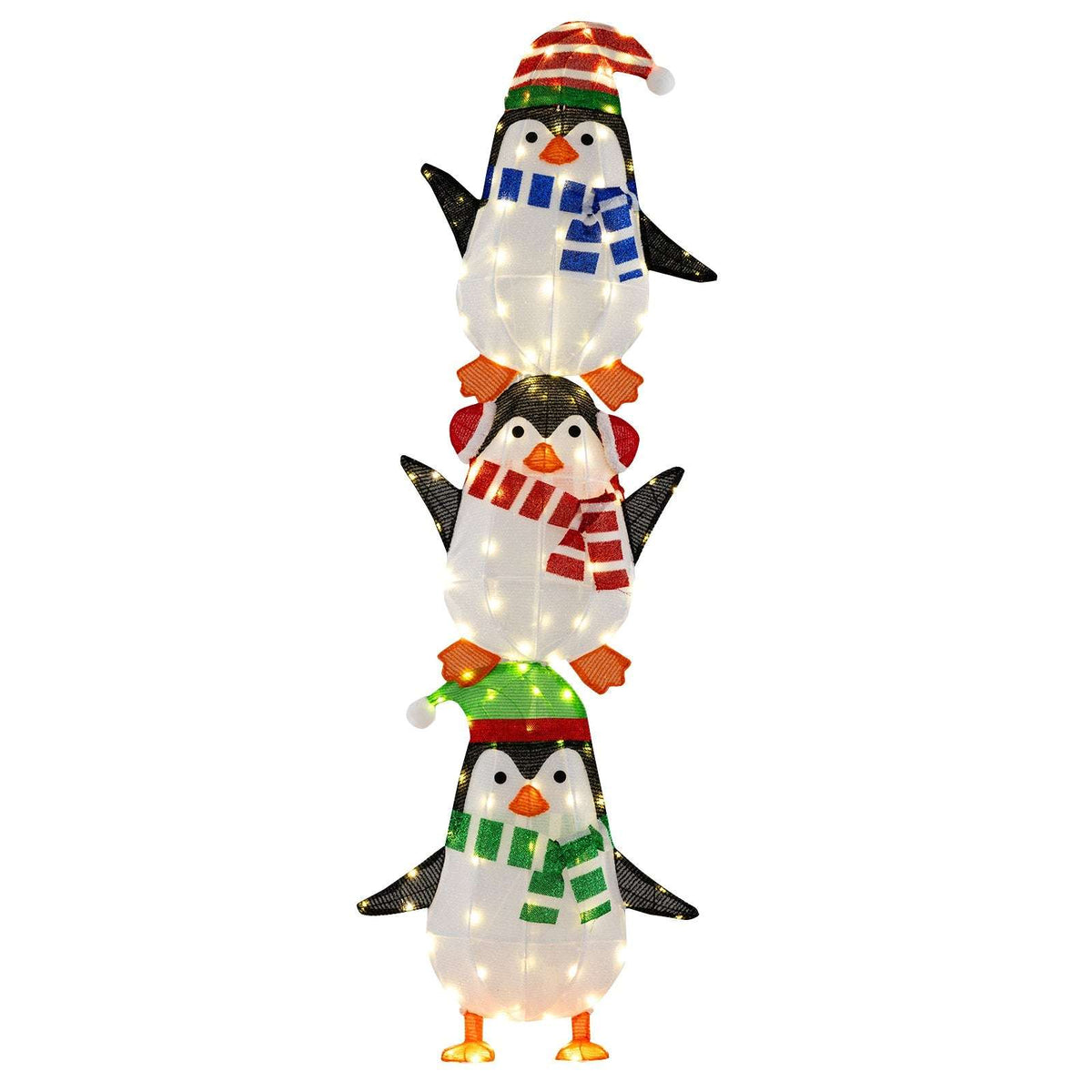 Full view of the illuminated three-penguin decoration with colorful hats and scarves.