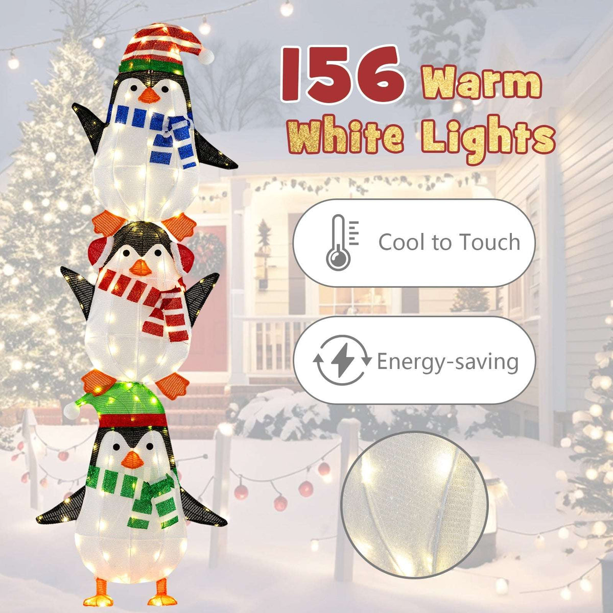 Lighted penguin decoration with 156 warm white LEDs and a metal frame.