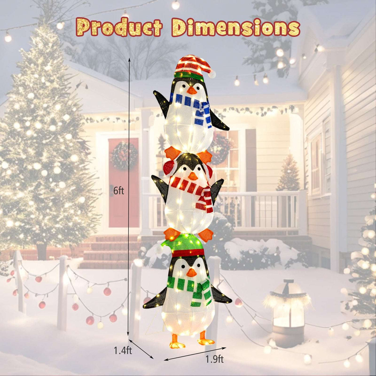 Lighted three-penguin decoration with height and width dimensions marked.