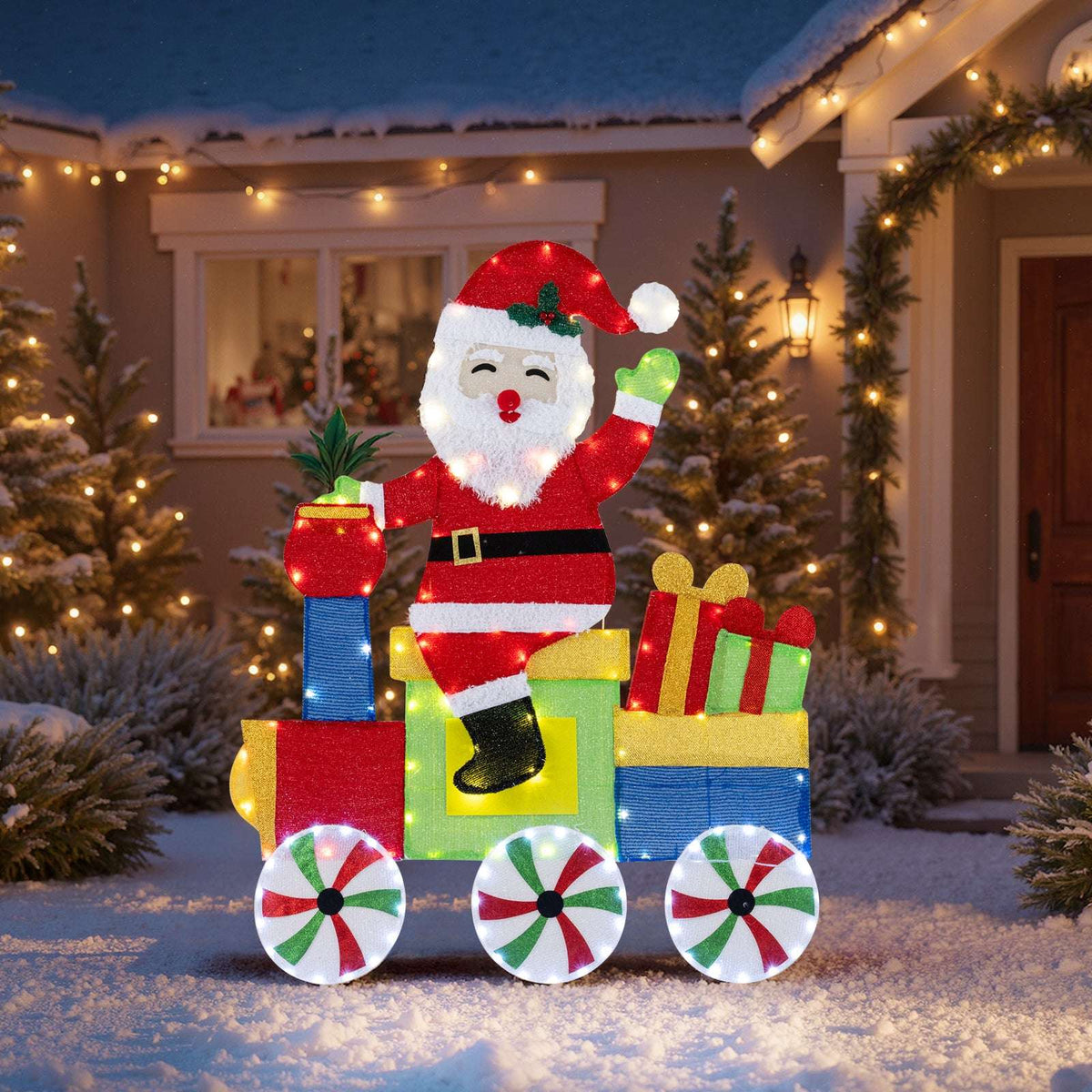 LED Santa train decoration with gifts and bright peppermint-style wheels