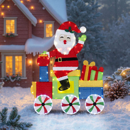 Illuminated Santa train decoration carrying colorful presents, with three peppermint wheels