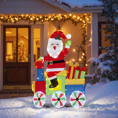 LED Christmas train decoration featuring Santa, gift boxes and three lighted wheels