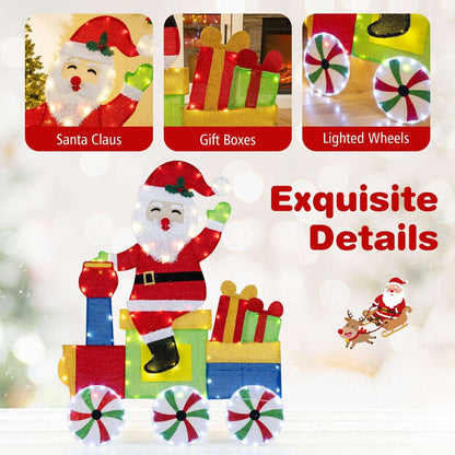Santa train decoration with illuminated wheels, gift boxes and detailed figure