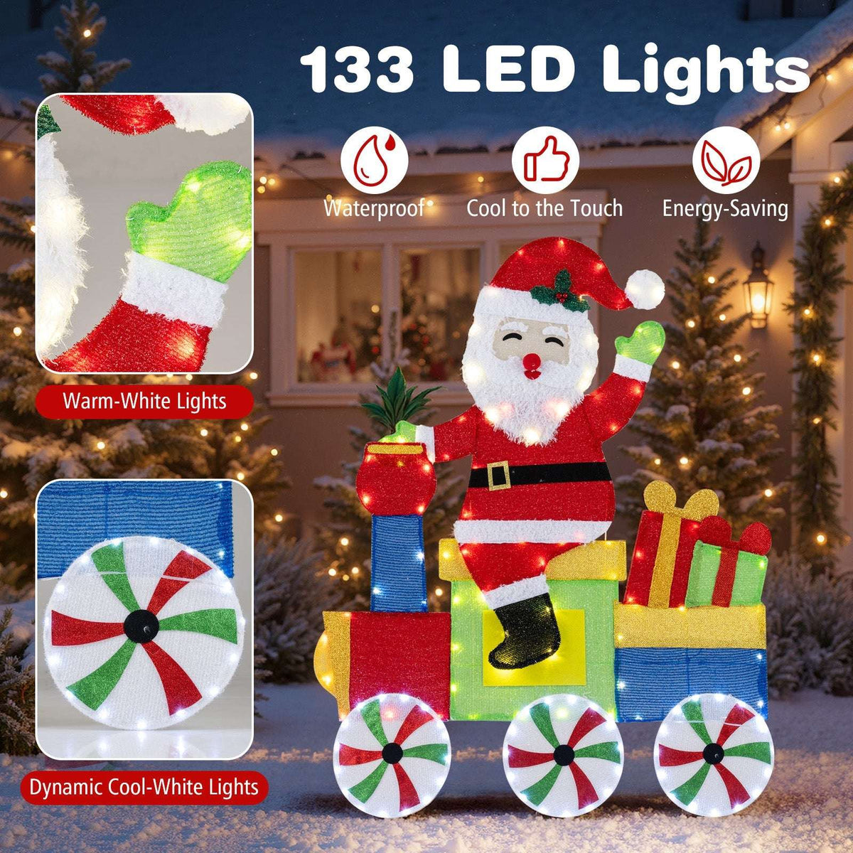 Santa train decoration with 133 LED lights, colorful cars and light-up peppermint wheels