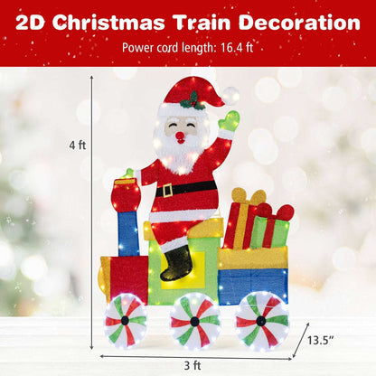 Lighted Santa train decoration, shown with 4 ft height and 3 ft width measurements