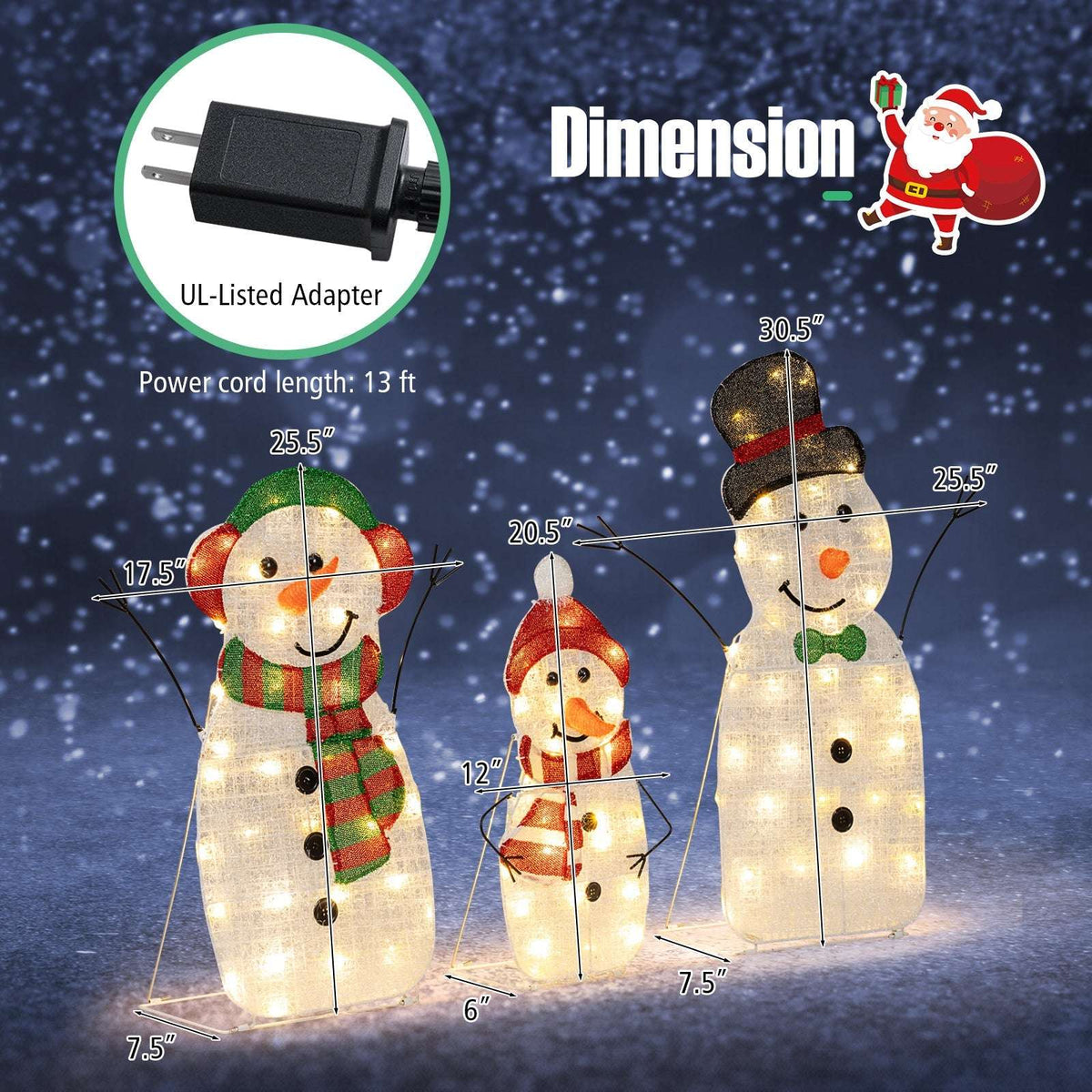 Lighted snowman family set with size measurements and power adapter details