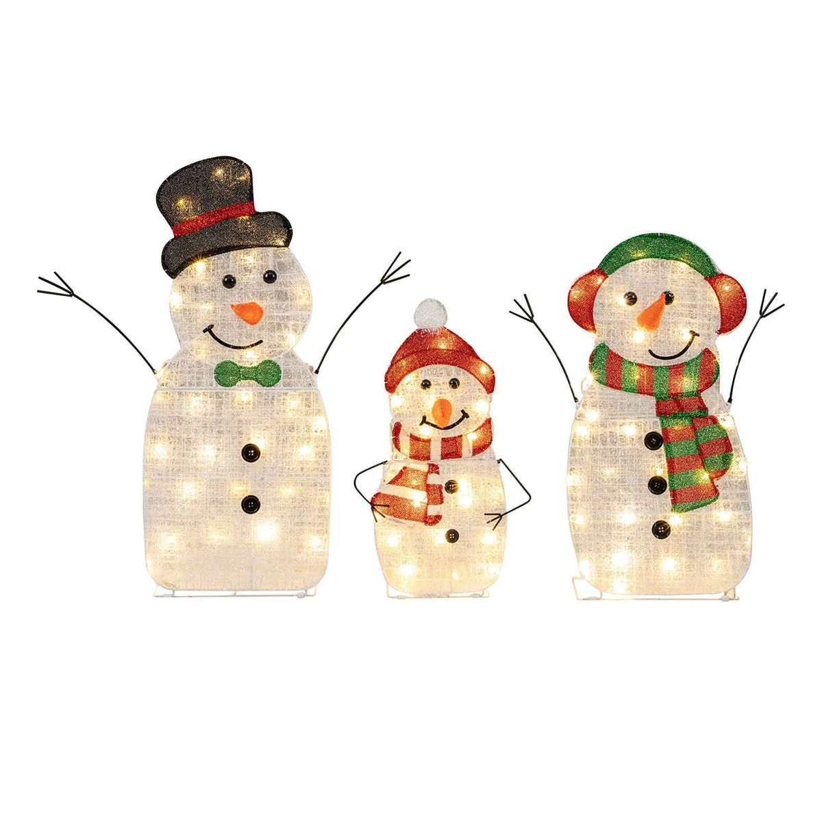 Three-piece lighted snowman set with wire arms, top hat, knit caps, bow tie and scarves