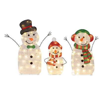 Three-piece lighted snowman set with wire arms, top hat, knit caps, bow tie and scarves