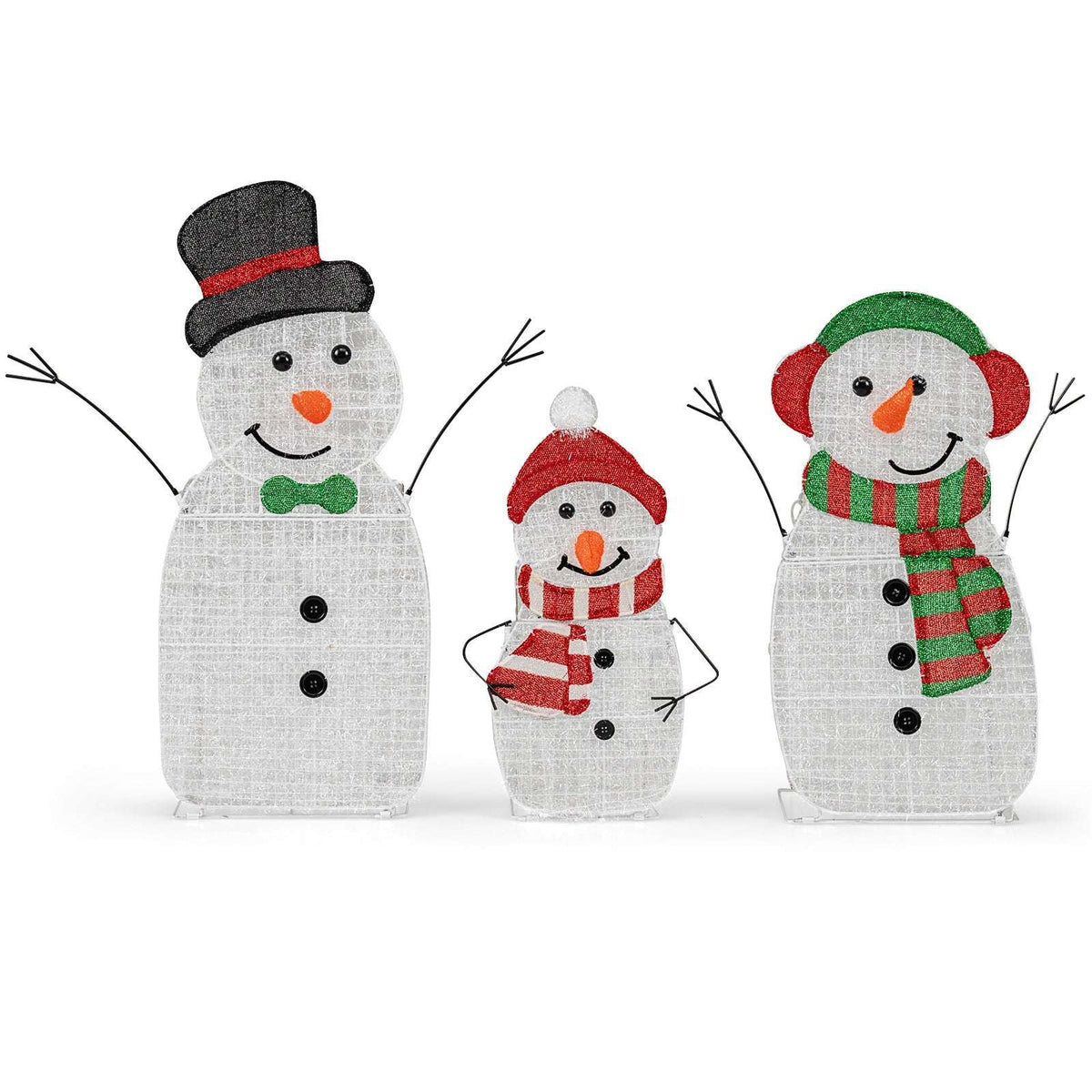 Unlit three-piece snowman family decoration with hats, scarves, carrot noses and wire arms