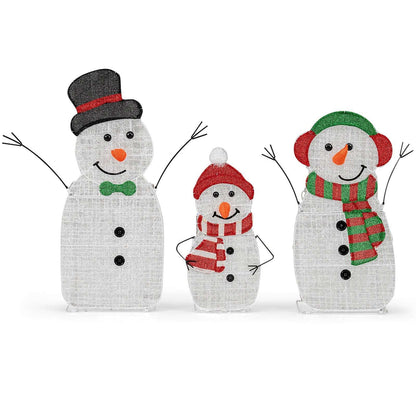 Unlit three-piece snowman family decoration with hats, scarves, carrot noses and wire arms