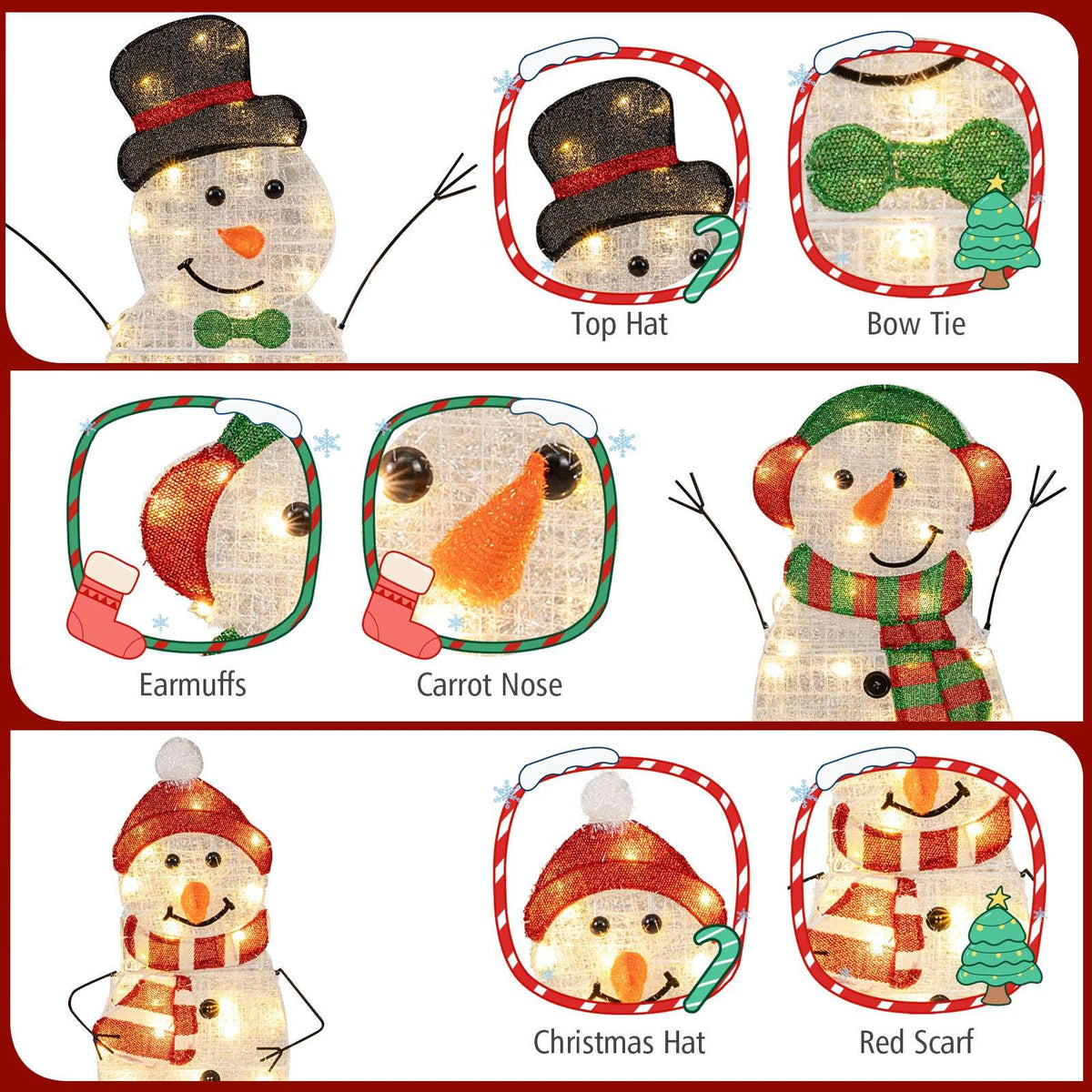 Snowman family decoration details: top hat, bow tie, earmuffs, carrot nose, Christmas hat and scarves