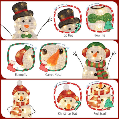 Snowman family decoration details: top hat, bow tie, earmuffs, carrot nose, Christmas hat and scarves