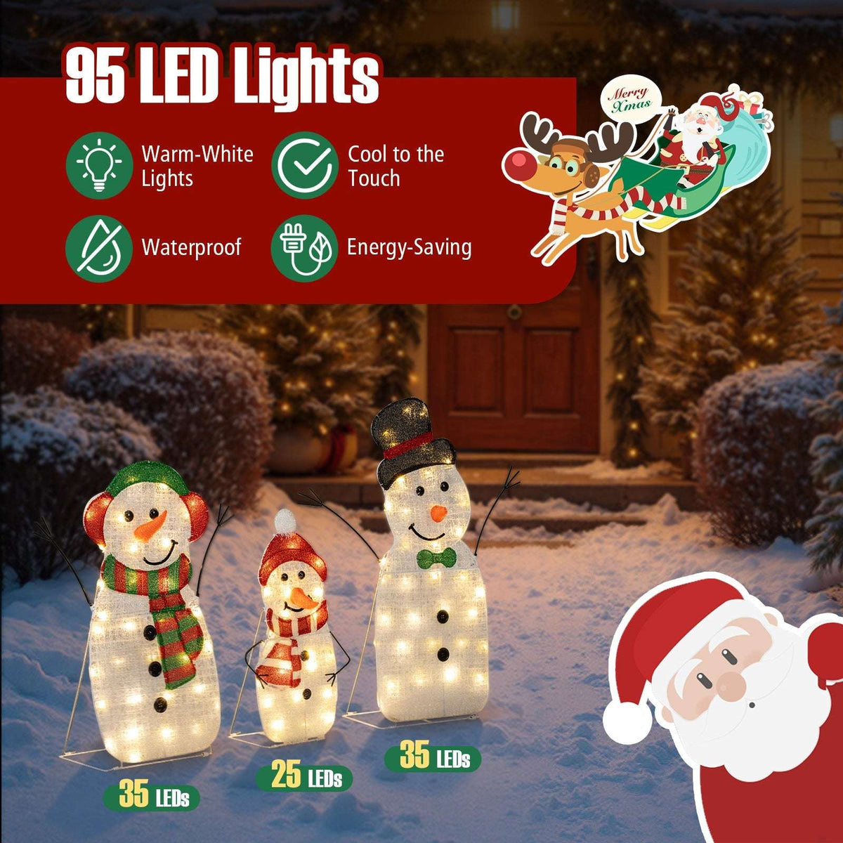Three-piece lighted snowman set with warm-white LEDs, waterproof design and energy-saving lights