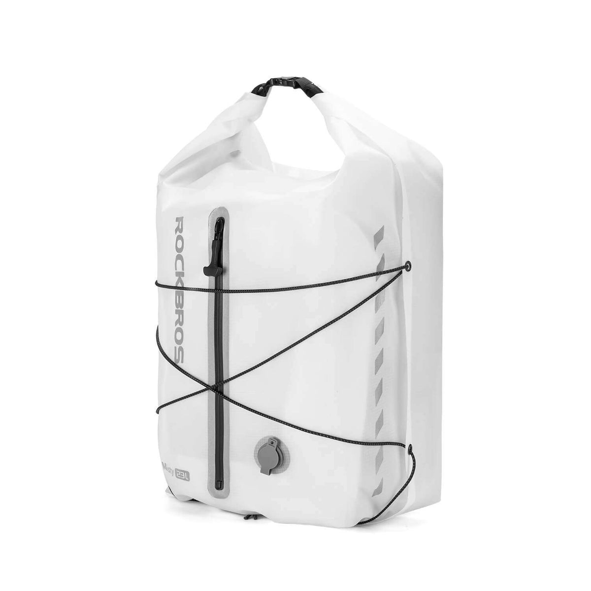 White waterproof rear rack bag with roll-top closure, handle, and front strap lines