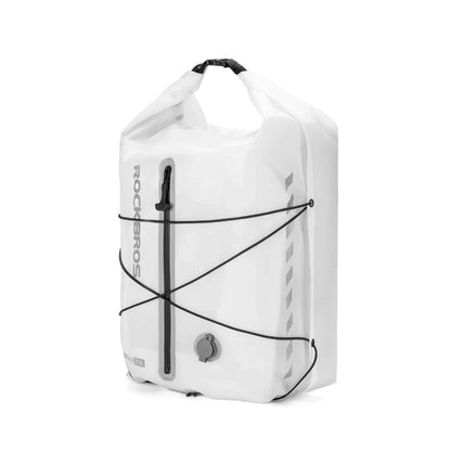 White waterproof rear rack bag with roll-top closure, handle, and front strap lines