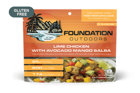 Freeze-dried outdoor chicken meal pouch in orange packaging, with lime chicken and salsa.
