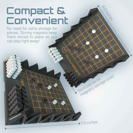 Folded 9x9 magnetic strategy board with stacked black and white discs for storage