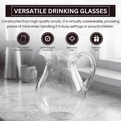 Clear acrylic pitcher with lid and handle, lemon drink inside, streamlined spout