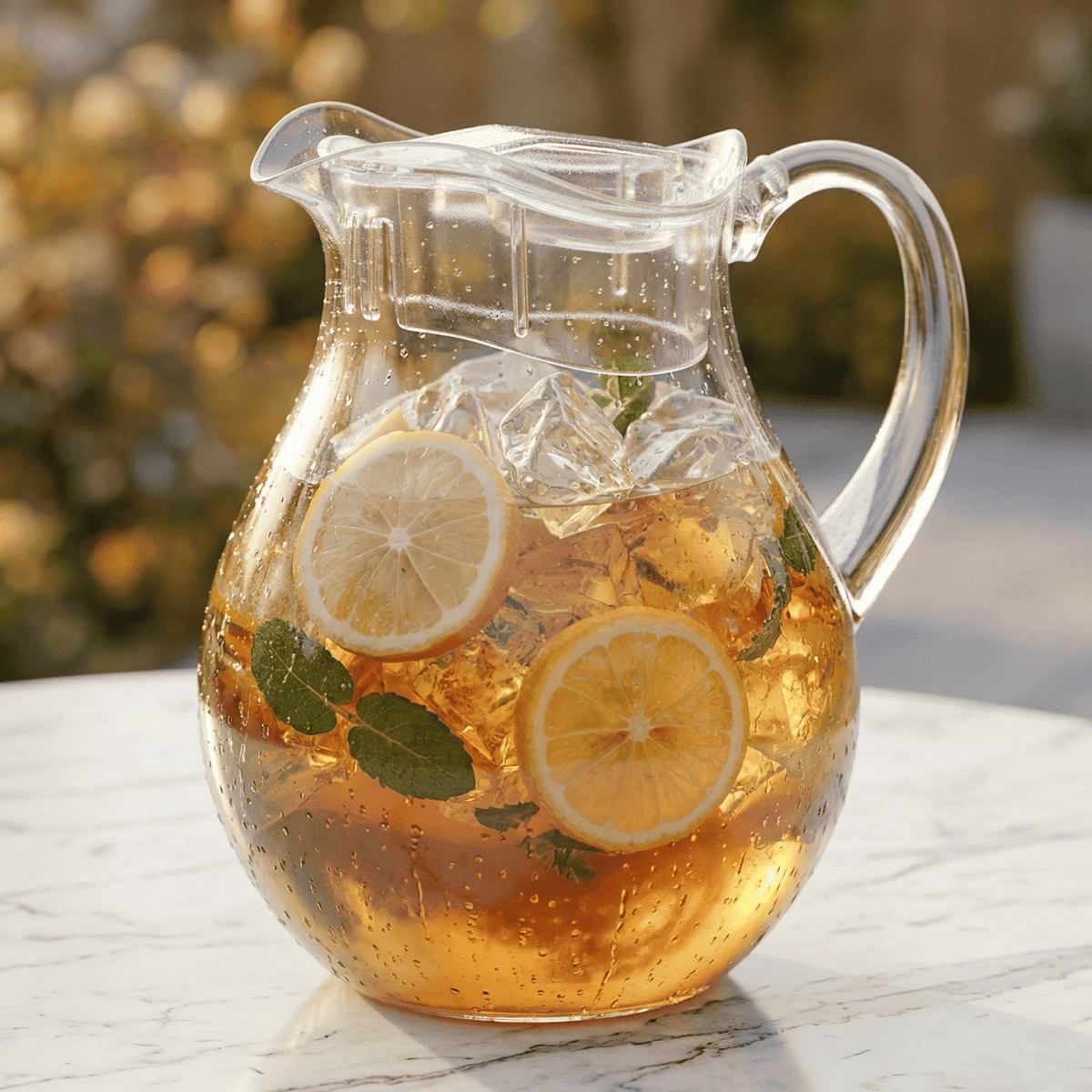 Close-up acrylic pitcher with lid and handle, filled with amber lemon drink and mint