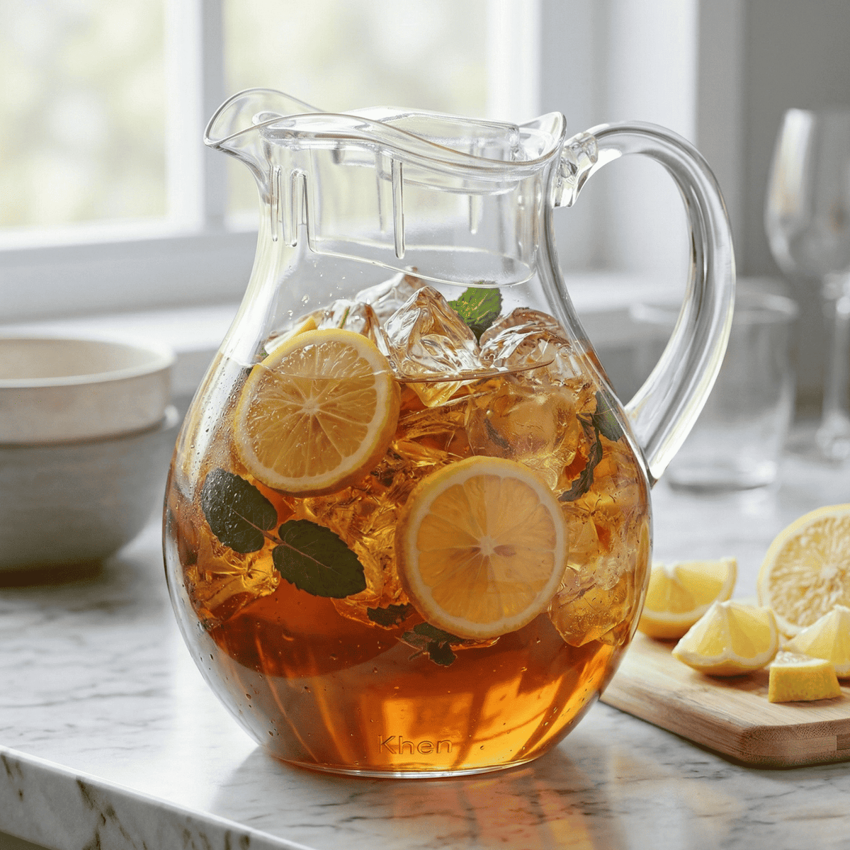 Acrylic pitcher with lid and handle, amber lemon drink with ice and mint leaves