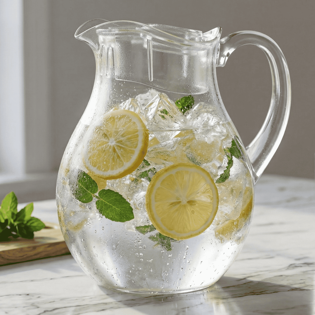 Clear acrylic pitcher with lid and handle, pale lemon-and-mint infused water