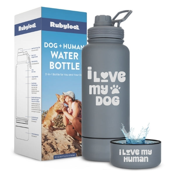 Rubyloo Dog + Human Water Bottle | Detachable 8 oz Dog Bowl | Insulated Stainless Steel | 9 Designs