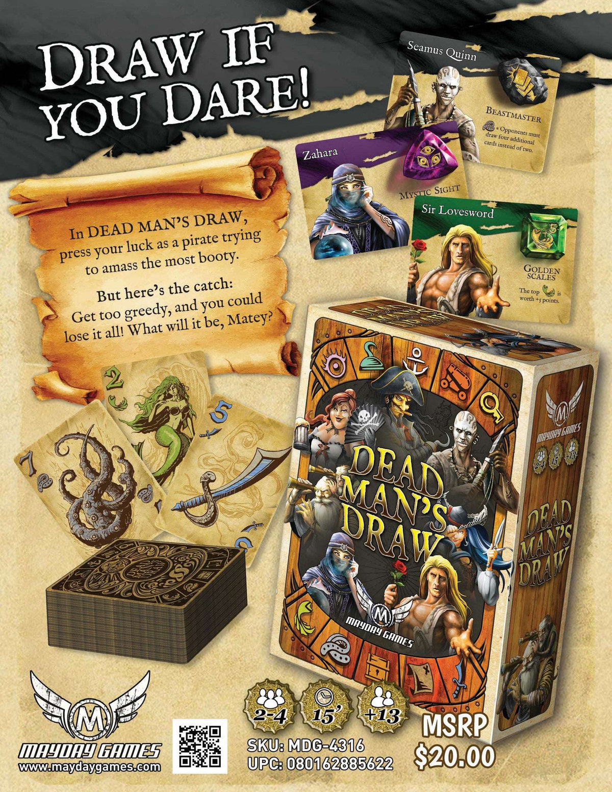 Dead Man's Draw pirate card game artwork with “Draw If You Dare” text and cards