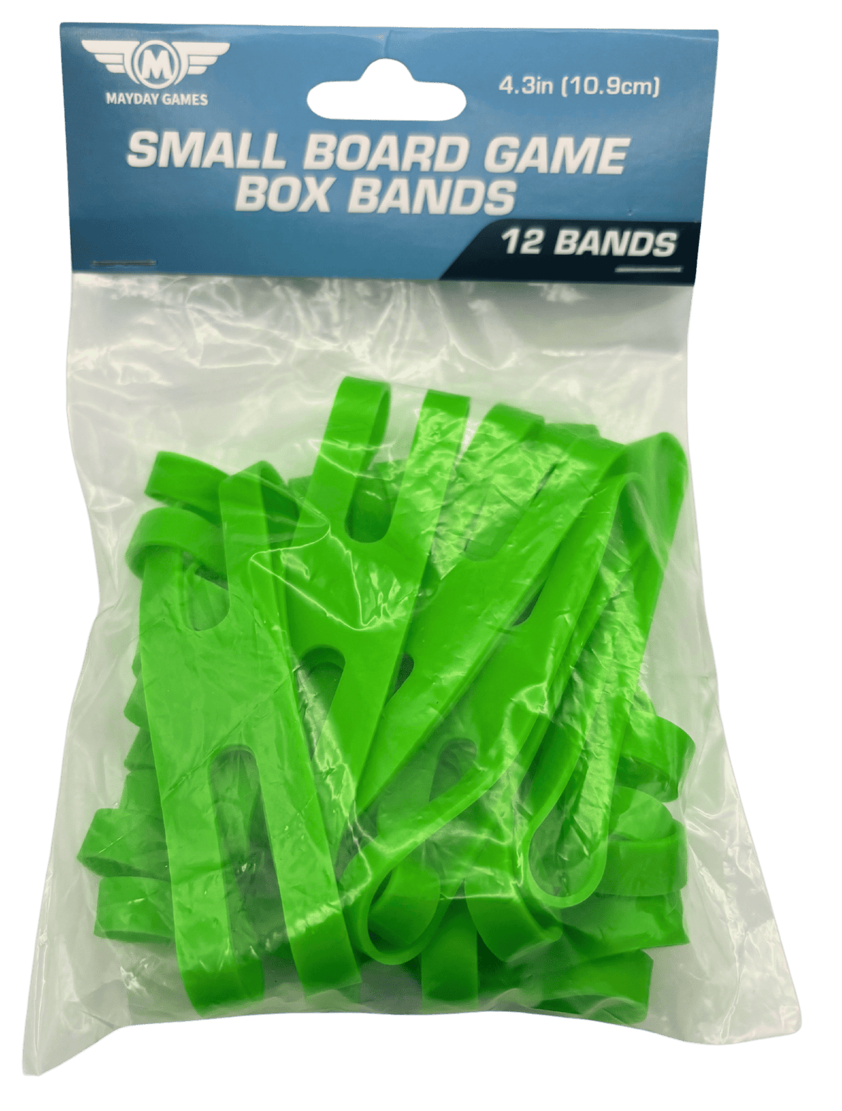 Small board game box bands, green bands in clear bag, 12-count pack