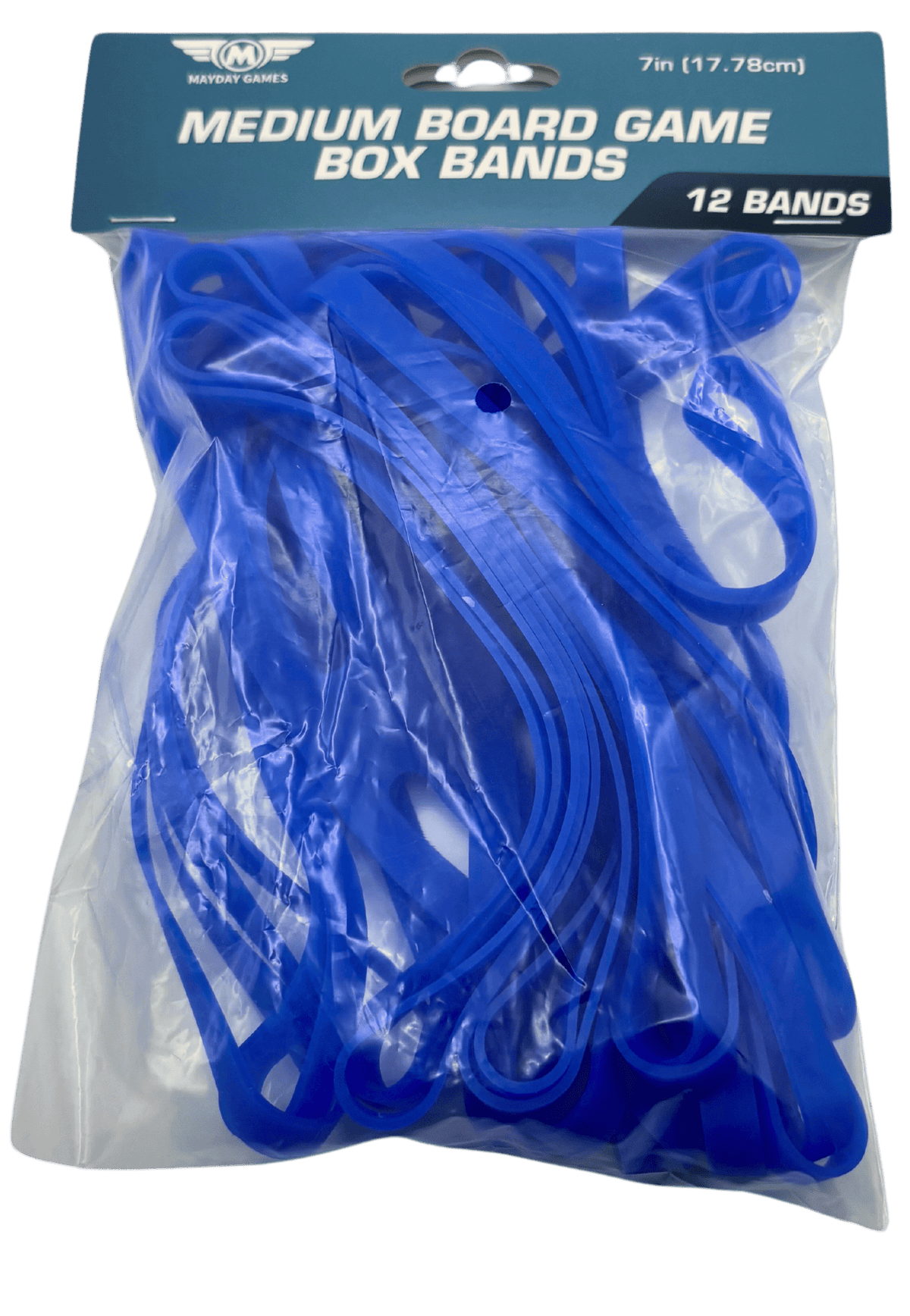 Mayday Games medium board game box bands, 12 blue silica gel bands in bag