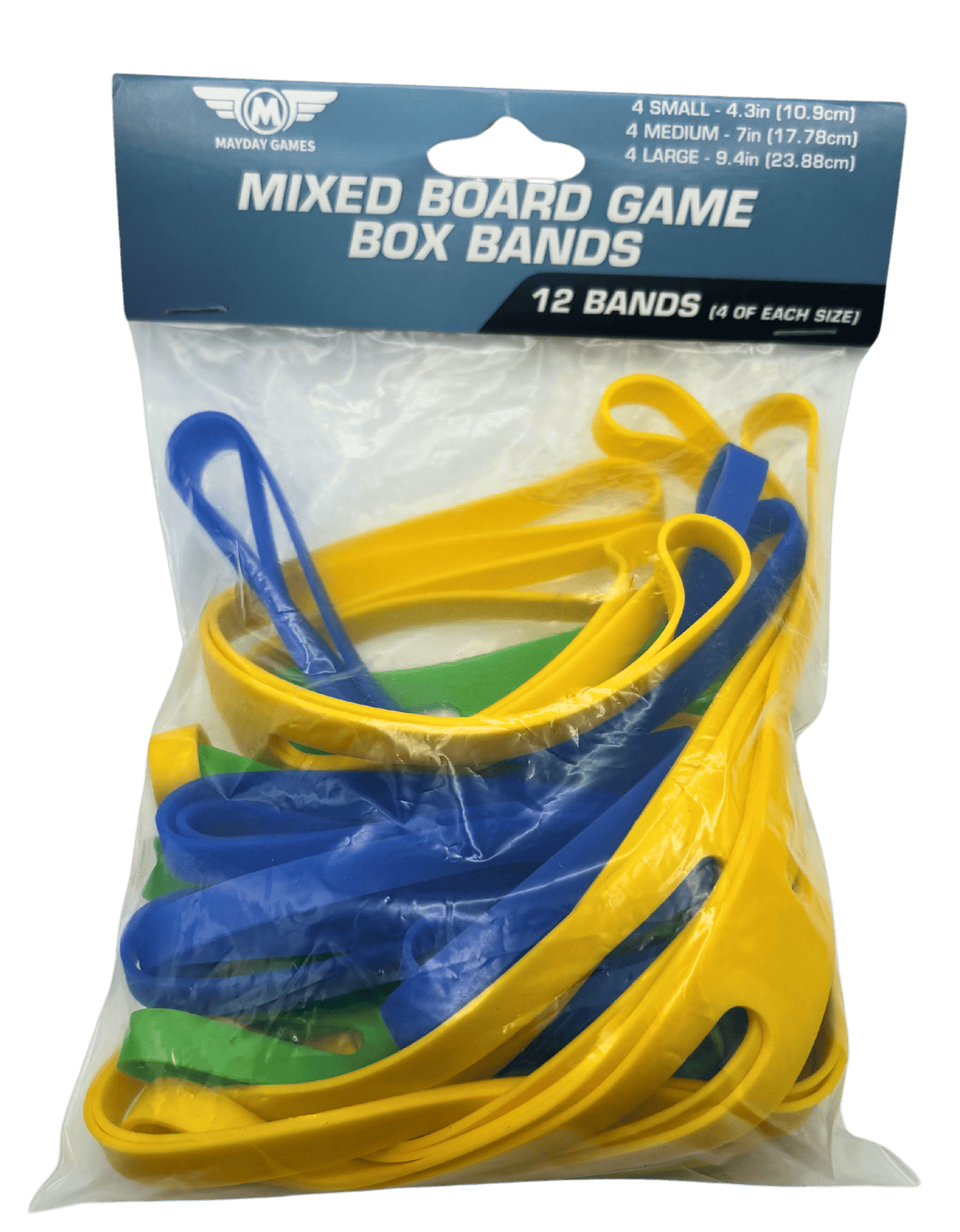 Silicone board game box bands, mixed blue and yellow, 12-pack (S/M/L)