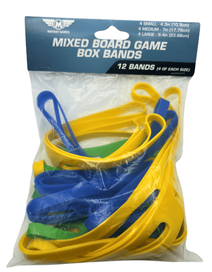 Silicone board game box bands, mixed blue and yellow, 12-pack (S/M/L)