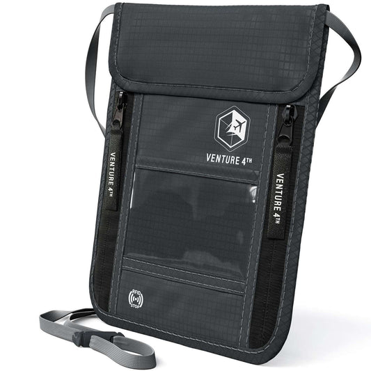 Black neck pouch travel wallet with adjustable strap, front zip pocket and ID window.
