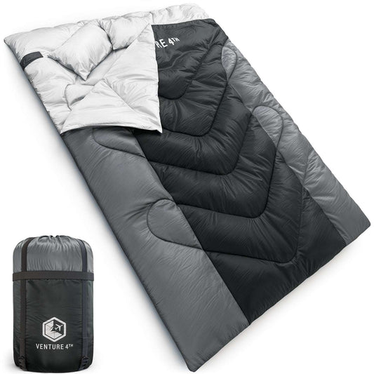 Two-person double sleeping bag with light gray outer and dark gray-black interior