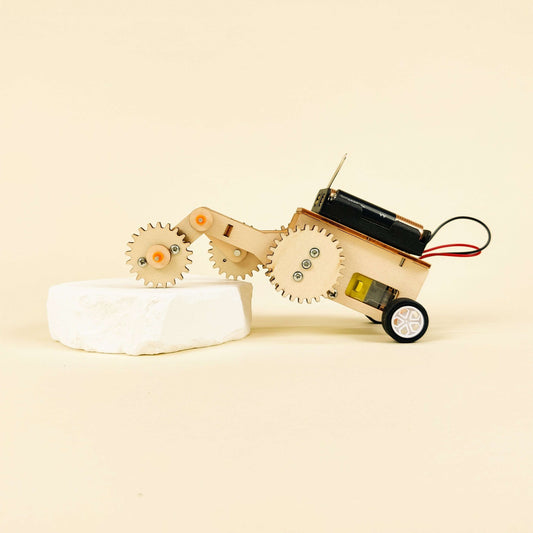 Wood gear car STEM DIY kit with black motor, red/black wires, white gear wheels