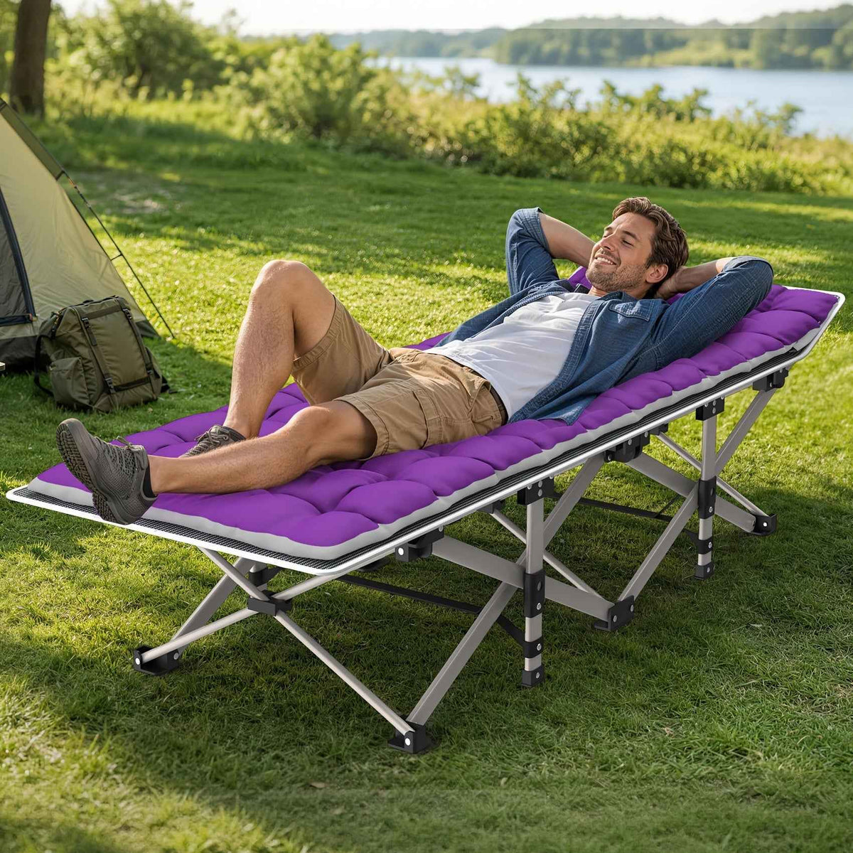Folding Camping Cot Bed for Adults with Soft Pad & Carry Bag