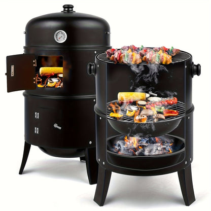 3-in-1 Portable Charcoal Smoker Grill | BBQ Grill + Smoker + Fire Pit | Built-In Thermometer