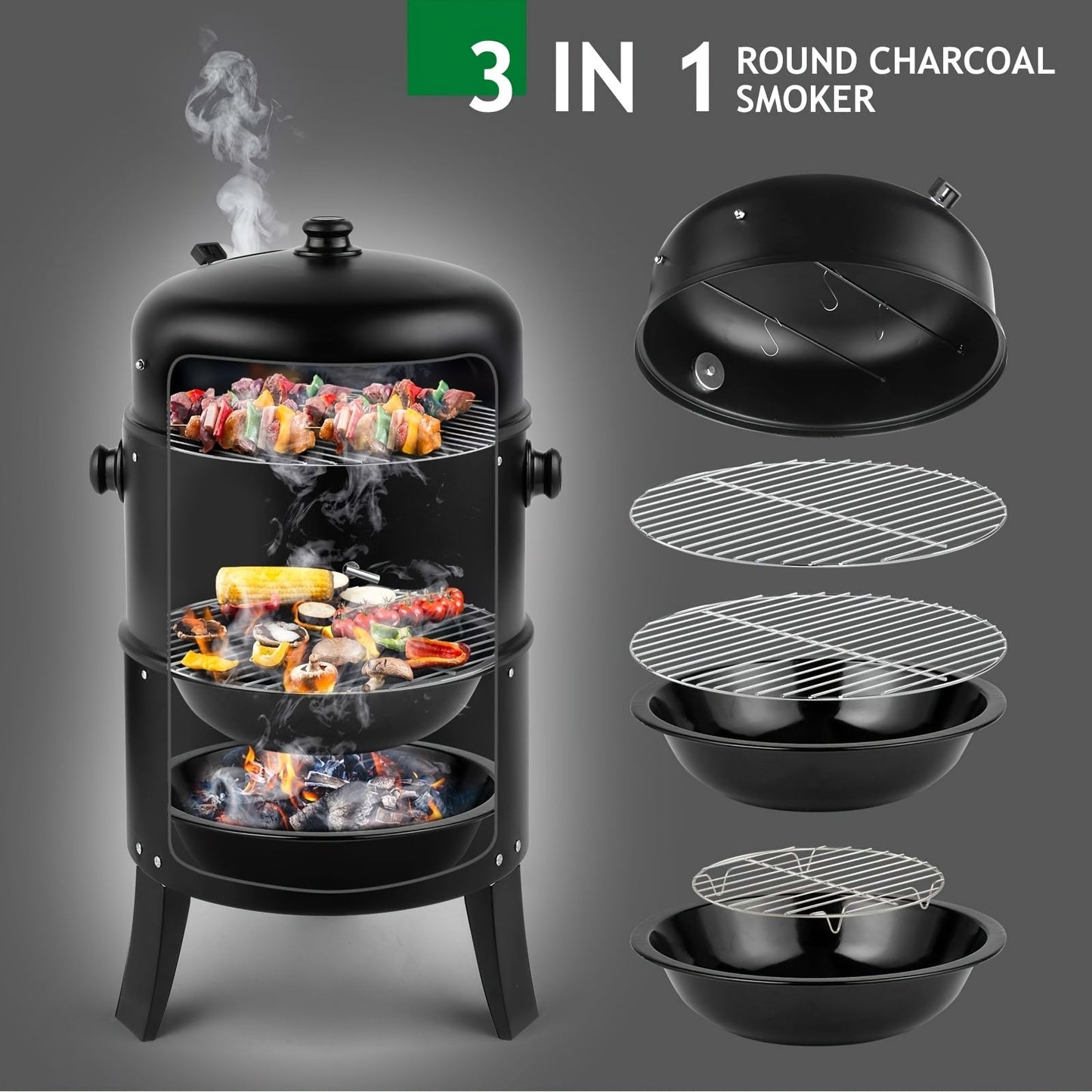 3-in-1 Portable Charcoal Smoker Grill | BBQ Grill + Smoker + Fire Pit | Built-In Thermometer