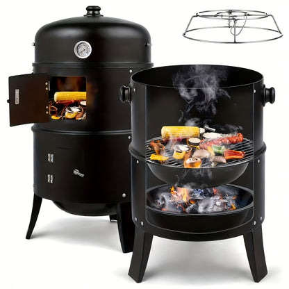 3-in-1 Portable Charcoal Smoker Grill | BBQ Grill + Smoker + Fire Pit | Built-In Thermometer