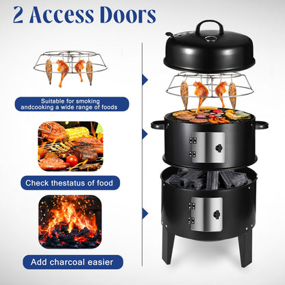 3-in-1 Portable Charcoal Smoker Grill | BBQ Grill + Smoker + Fire Pit | Built-In Thermometer
