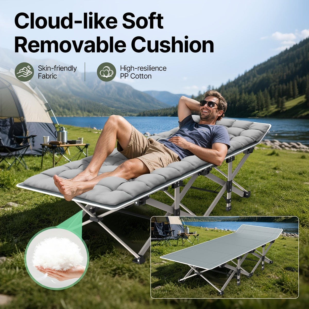 Folding Camping Cot Bed for Adults with Soft Pad & Carry Bag
